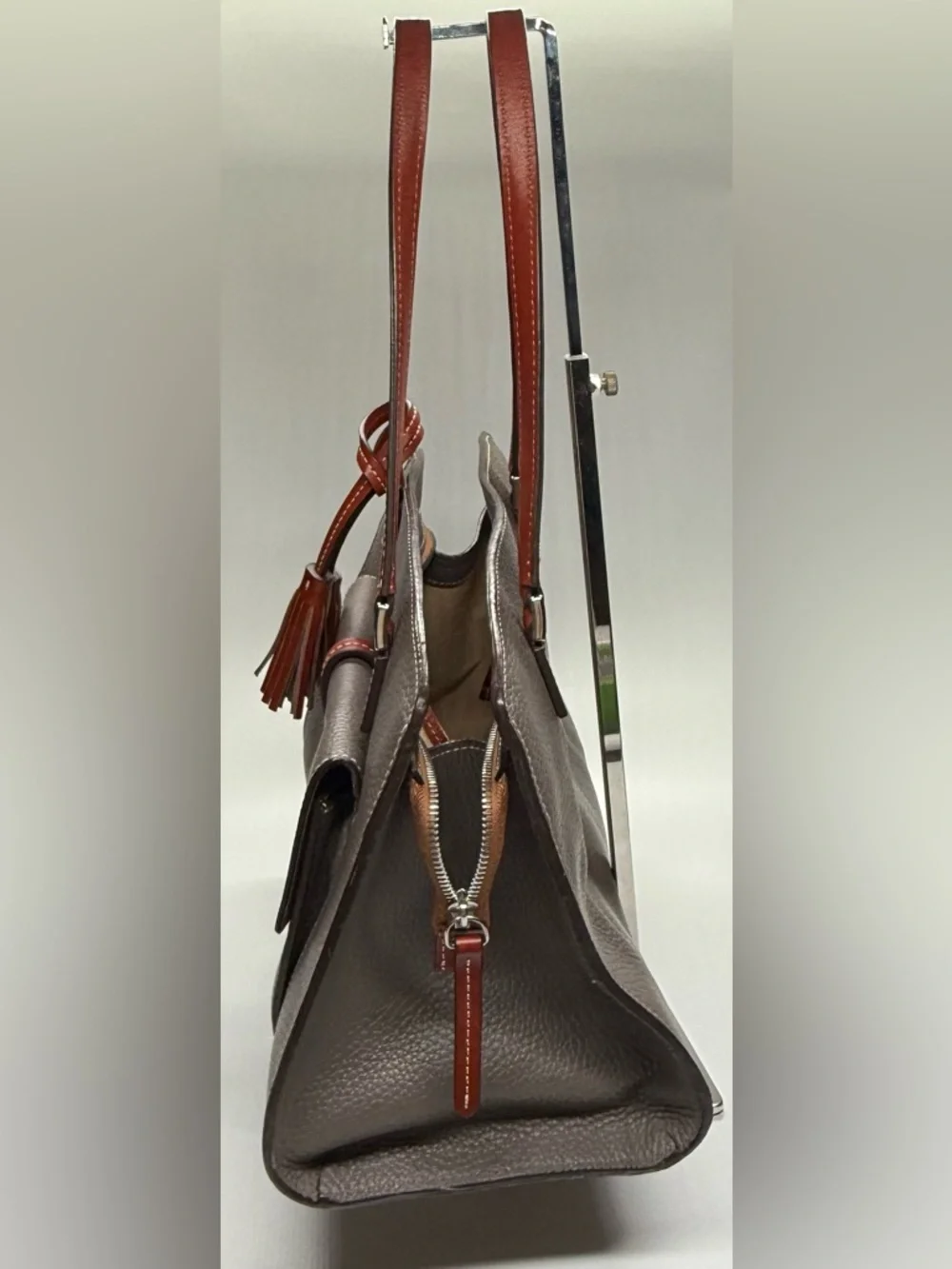 Dooney & Bourke Pebbled Leather Tote Gray Brown Tassel Shoulder Bag Large - Picture 6 of 13